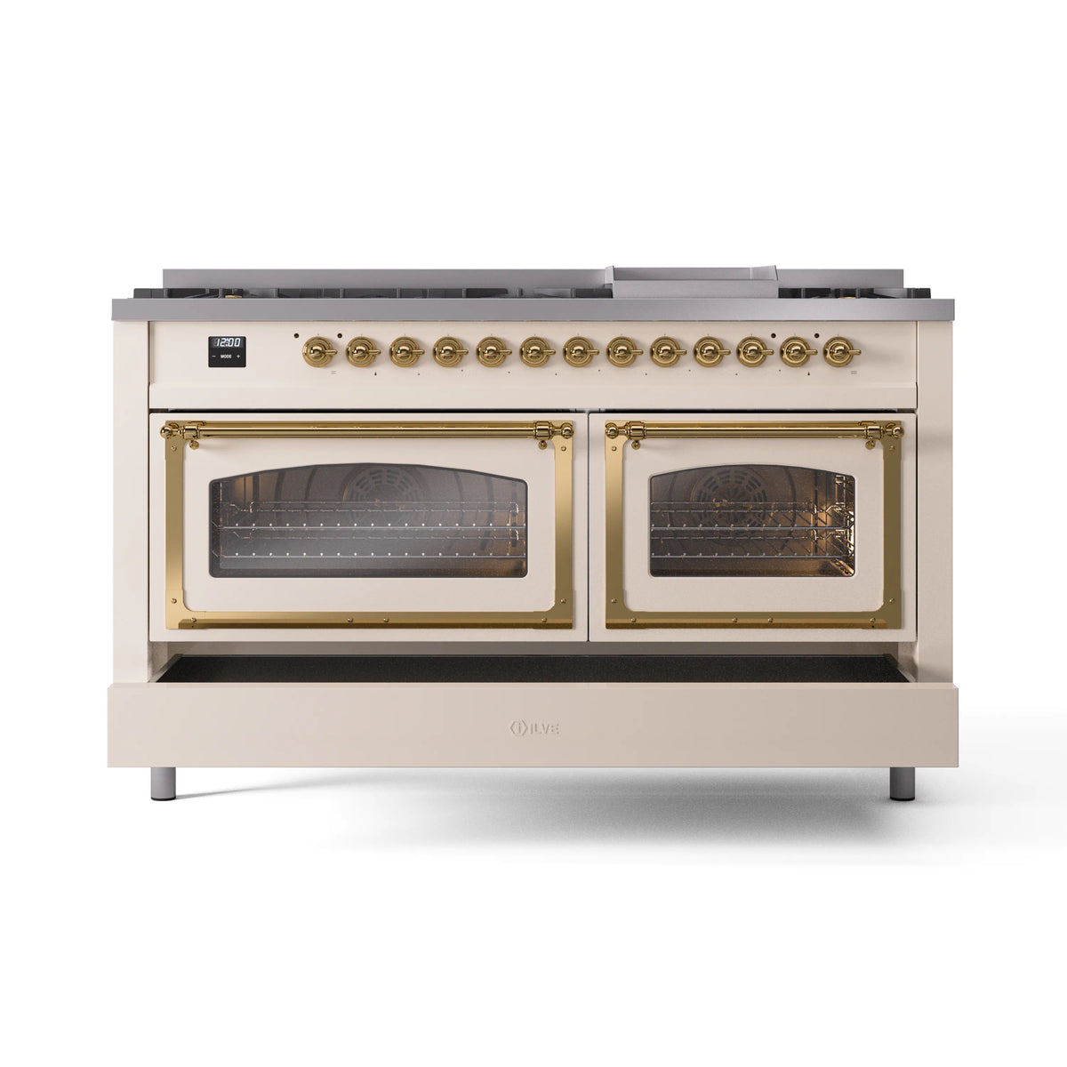 Antique white dual fuel range with brass-trimmed ovens and two closed glass doors