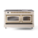 ILVE 60-Inch Nostalgie II Noblesse Propane Gas Dual Fuel Range with 9 Sealed Burners, Griddle, Triple Glass Door Oven in Antique White with Brass Trim (UN60FNMPAWGLP)