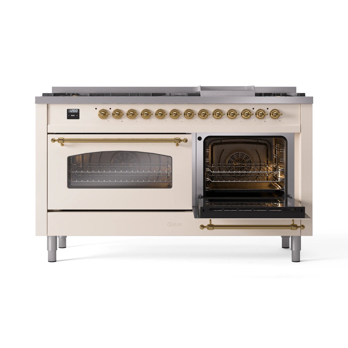 Antique white dual fuel range with left oven open and right oven door closed