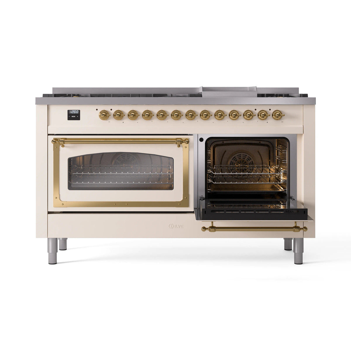 Antique white dual fuel range with brass trim; one oven door open showing racks