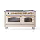 ILVE 60-Inch Nostalgie II Natural Gas Dual Fuel Range with 9 Burners, Griddle and Triple Glass Door Oven in Antique White with Brass Trim (UP60FNMPAWG)