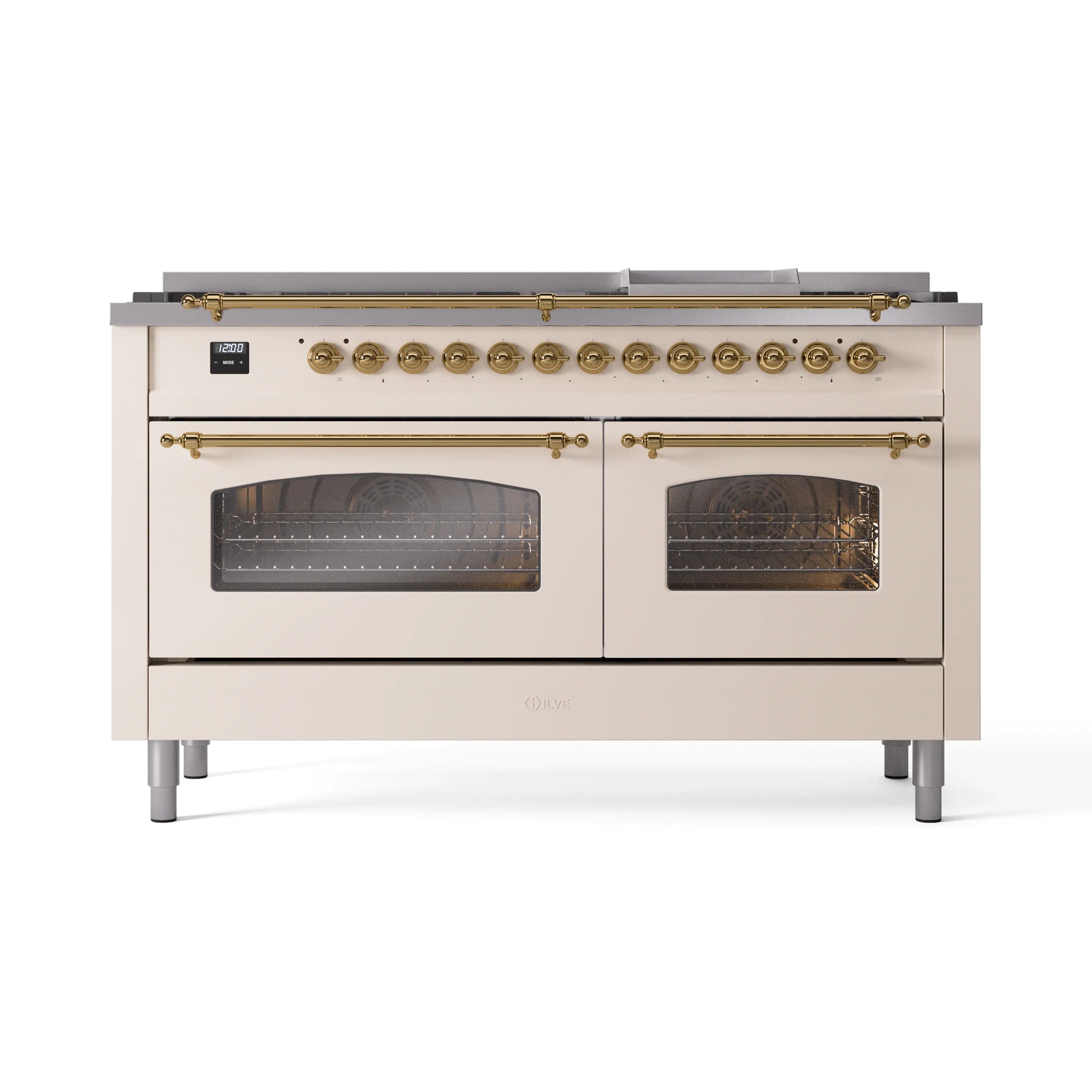 Antique white dual fuel range with brass control knobs and two black glass oven doors