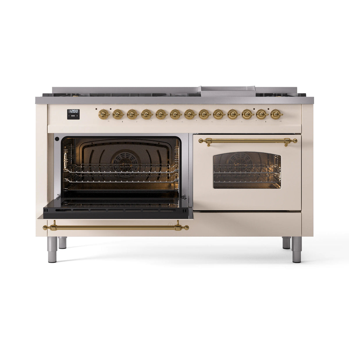Antique white dual fuel range with one oven open and visible interior racks