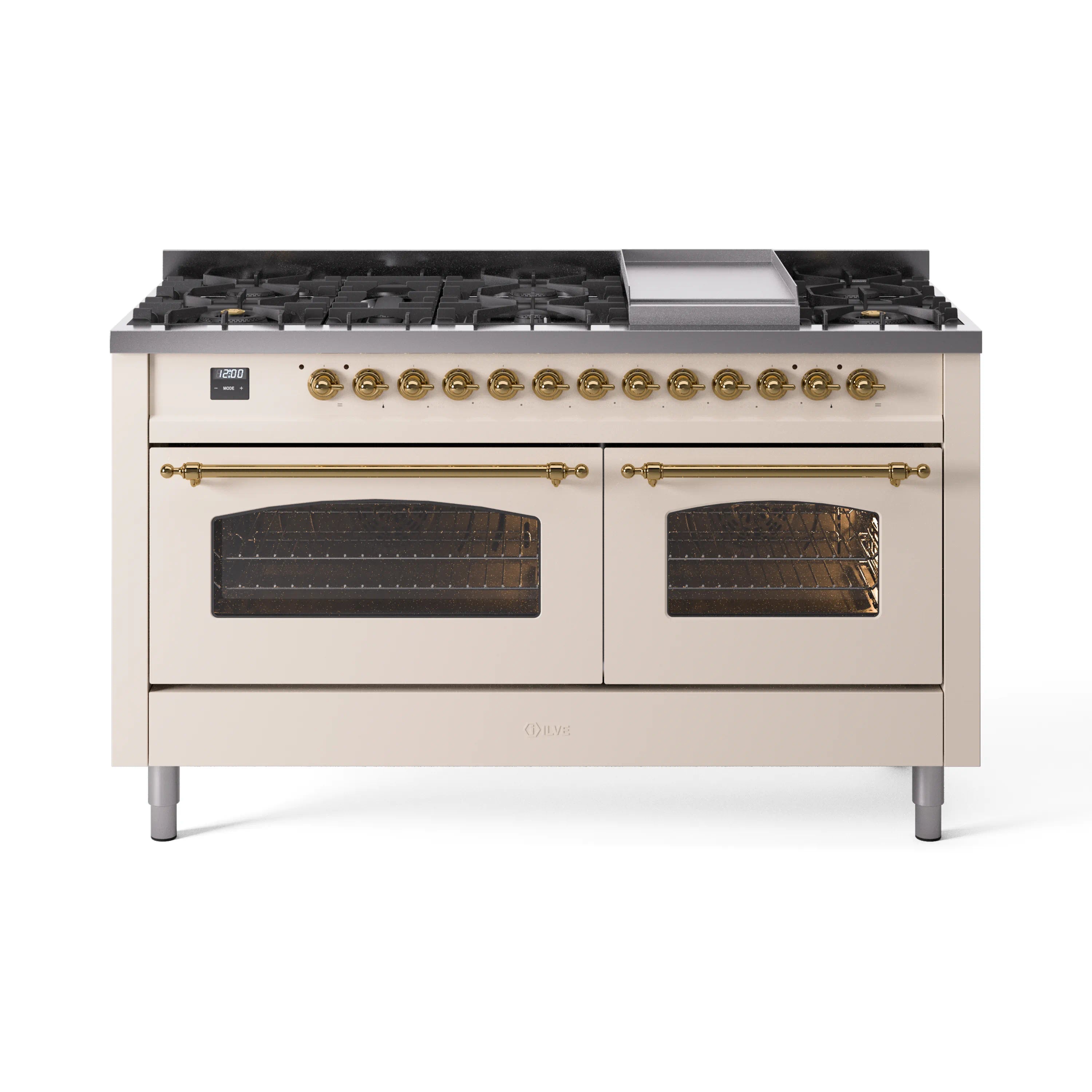 Antique white dual fuel range with brass knobs and black glass oven doors