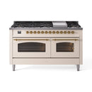 ILVE 60-Inch Nostalgie II Propane Gas Dual Fuel Range with 9 Burners, Griddle and Triple Glass Door Oven in Antique White with Brass Trim (UP60FNMPAWGLP)