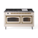 ILVE 60-Inch Nostalgie II Noblesse Propane Gas Dual Fuel Range with 9 Sealed Burners, Griddle, Triple Glass Door Oven in Antique White with Brass Trim (UN60FNMPAWGLP)