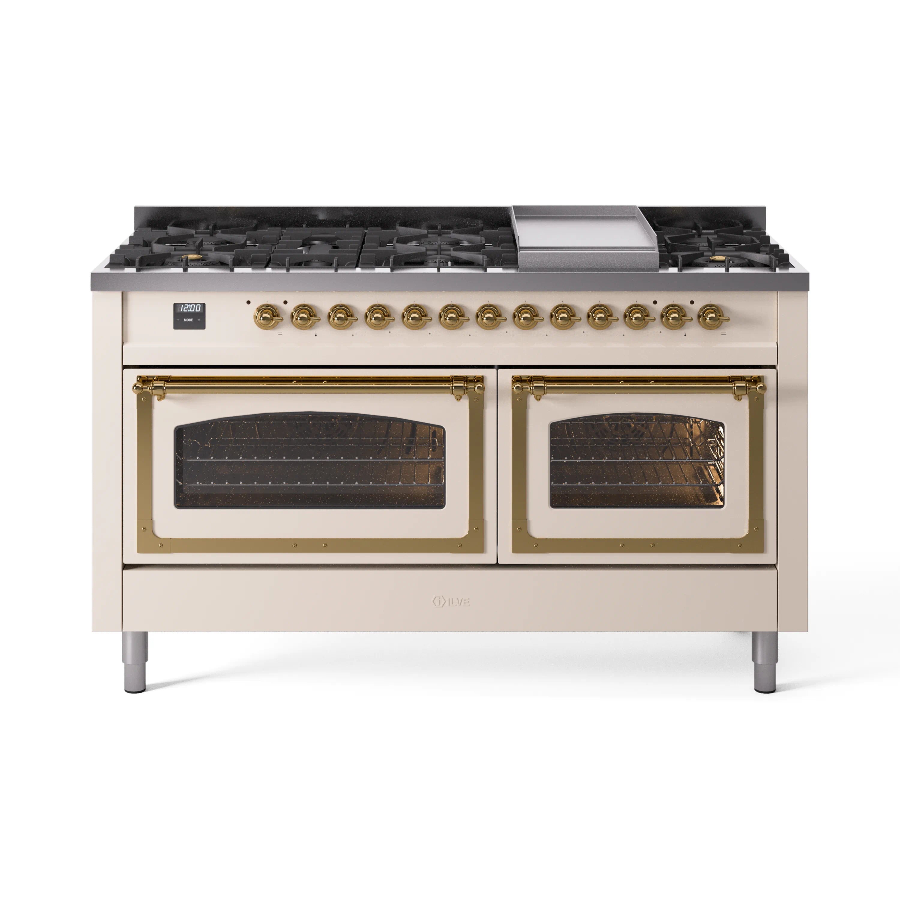 Antique white dual fuel range with brass knobs and two oven windows