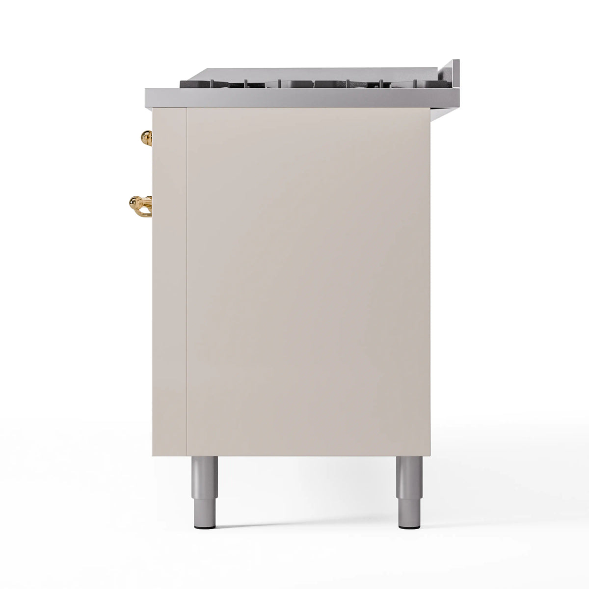 Antique white side panel of a dual fuel range with brass handle detail