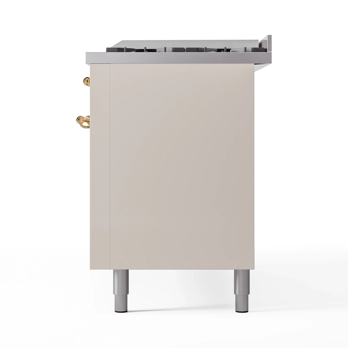 Antique white range side panel with brass knob edge and burner backguard