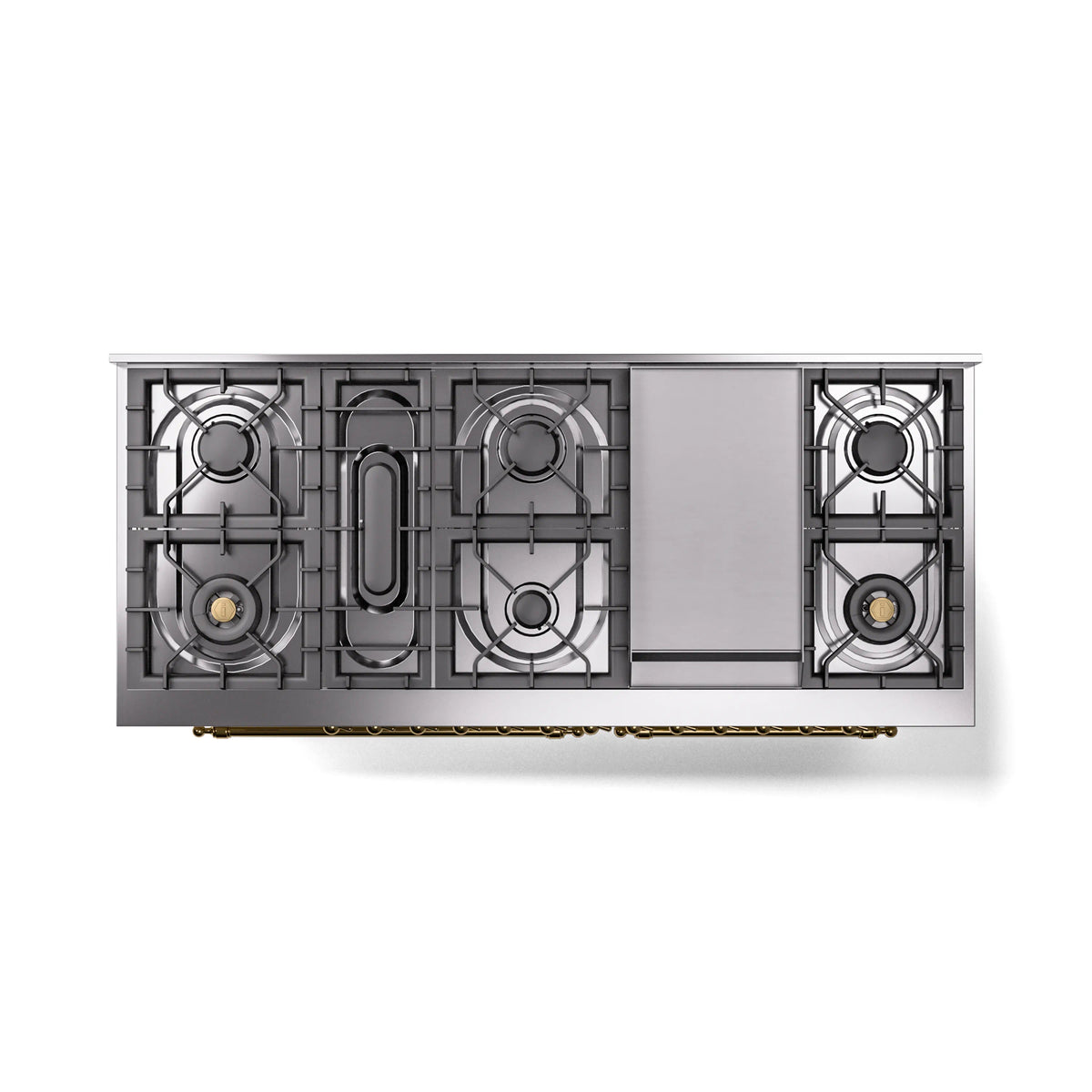 Dual fuel range cooktop with burner grates and exposed rear gas manifold