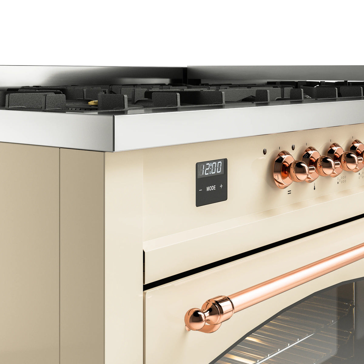 Copper control knobs and digital display on antique white dual fuel range