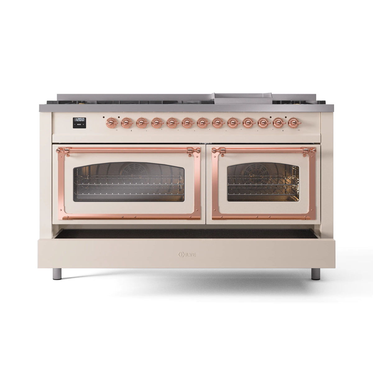 Antique white dual fuel range with two closed oven doors and copper control knobs