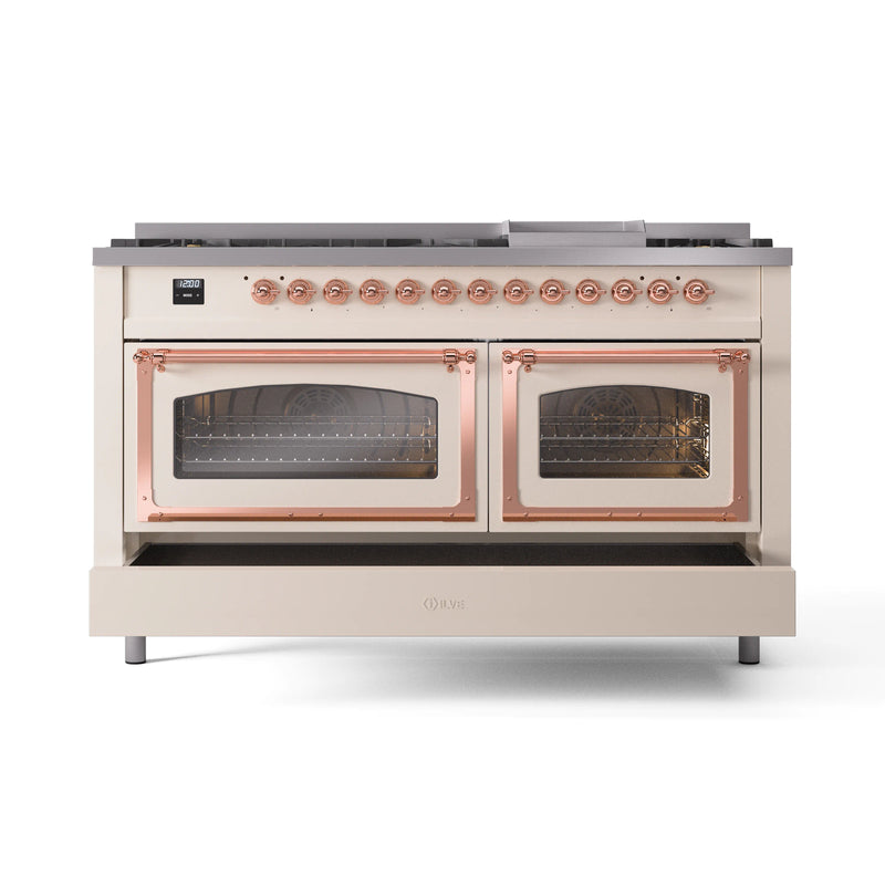 ILVE 60-Inch Nostalgie II Noblesse Dual Fuel Range with 9 Sealed Burners, Griddle, Triple Glass Door Oven in Antique White with Copper Trim (UN60FNMPAWP)