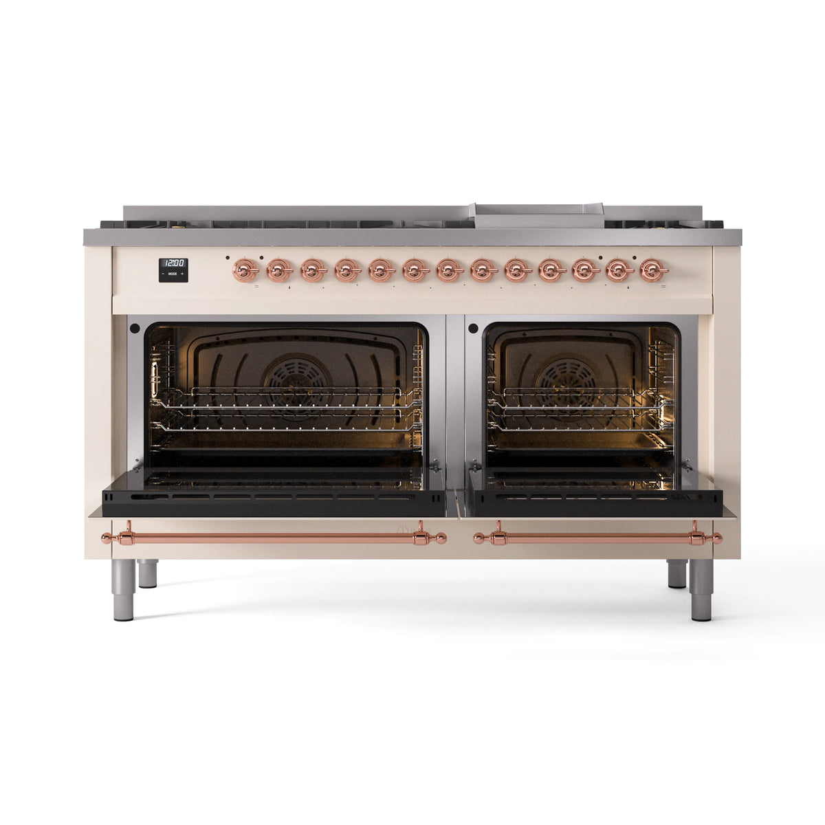 Antique white dual fuel range with copper-trimmed open oven doors and control knobs