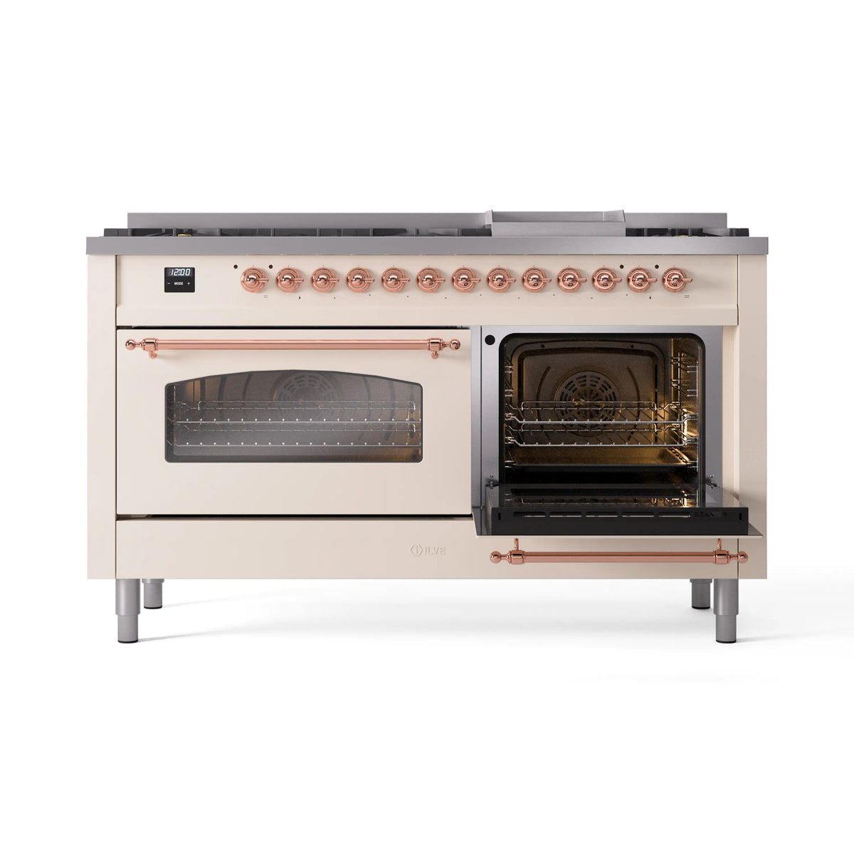Antique white dual fuel range with copper-trimmed control knobs and closed oven doors
