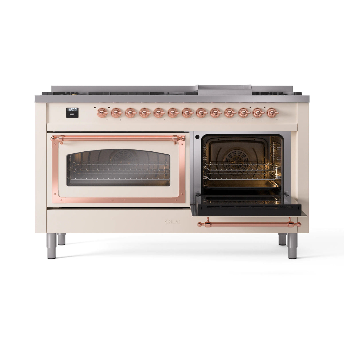 Antique white dual-fuel range with copper trim, right oven door open
