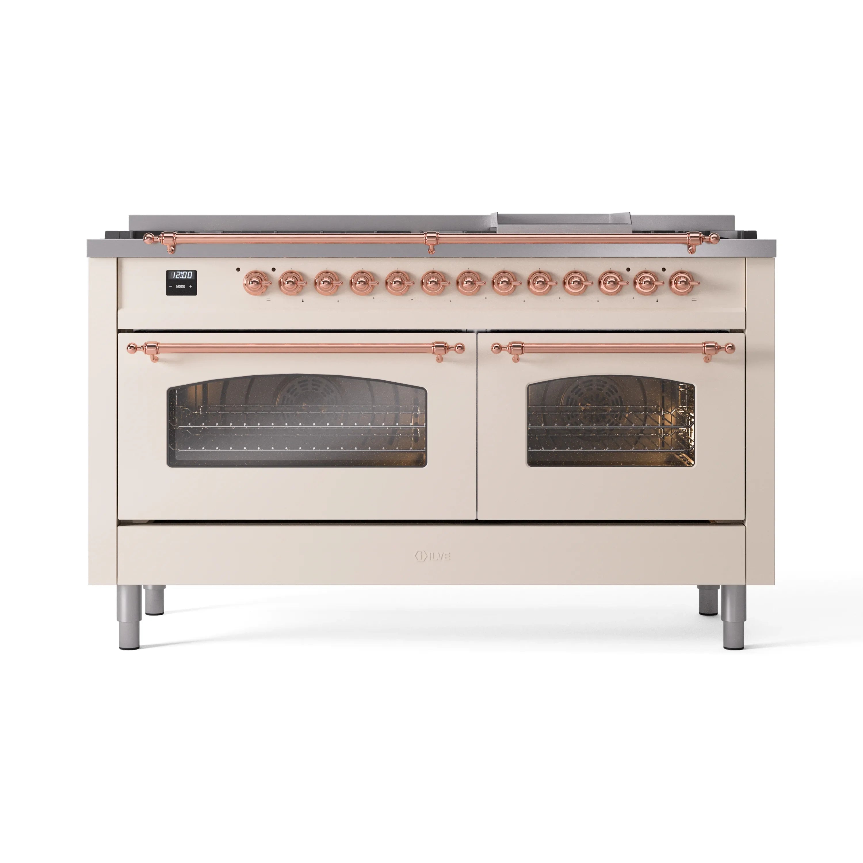 Antique white gas dual fuel range with copper control knobs and two oven doors