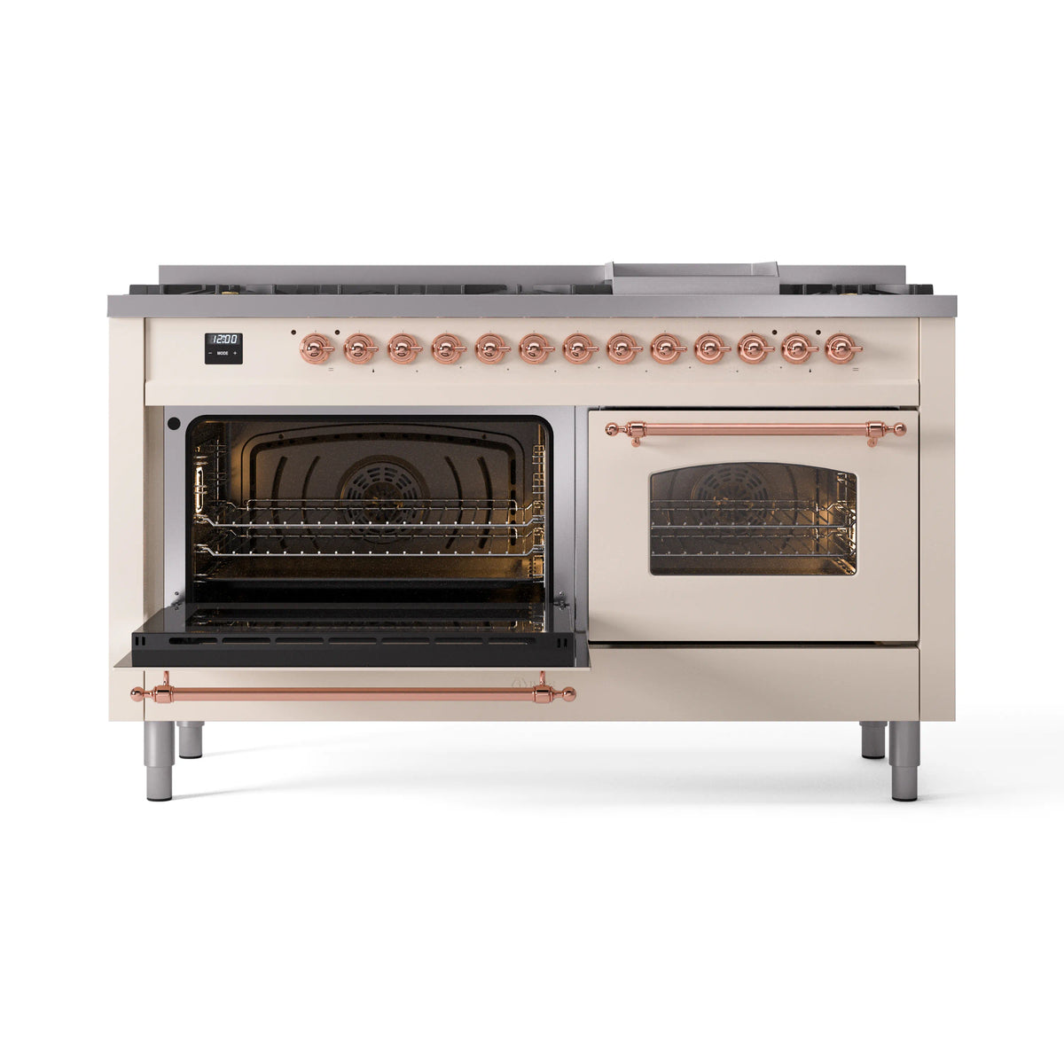 Antique white dual fuel range with copper trim, right oven door closed, left door open