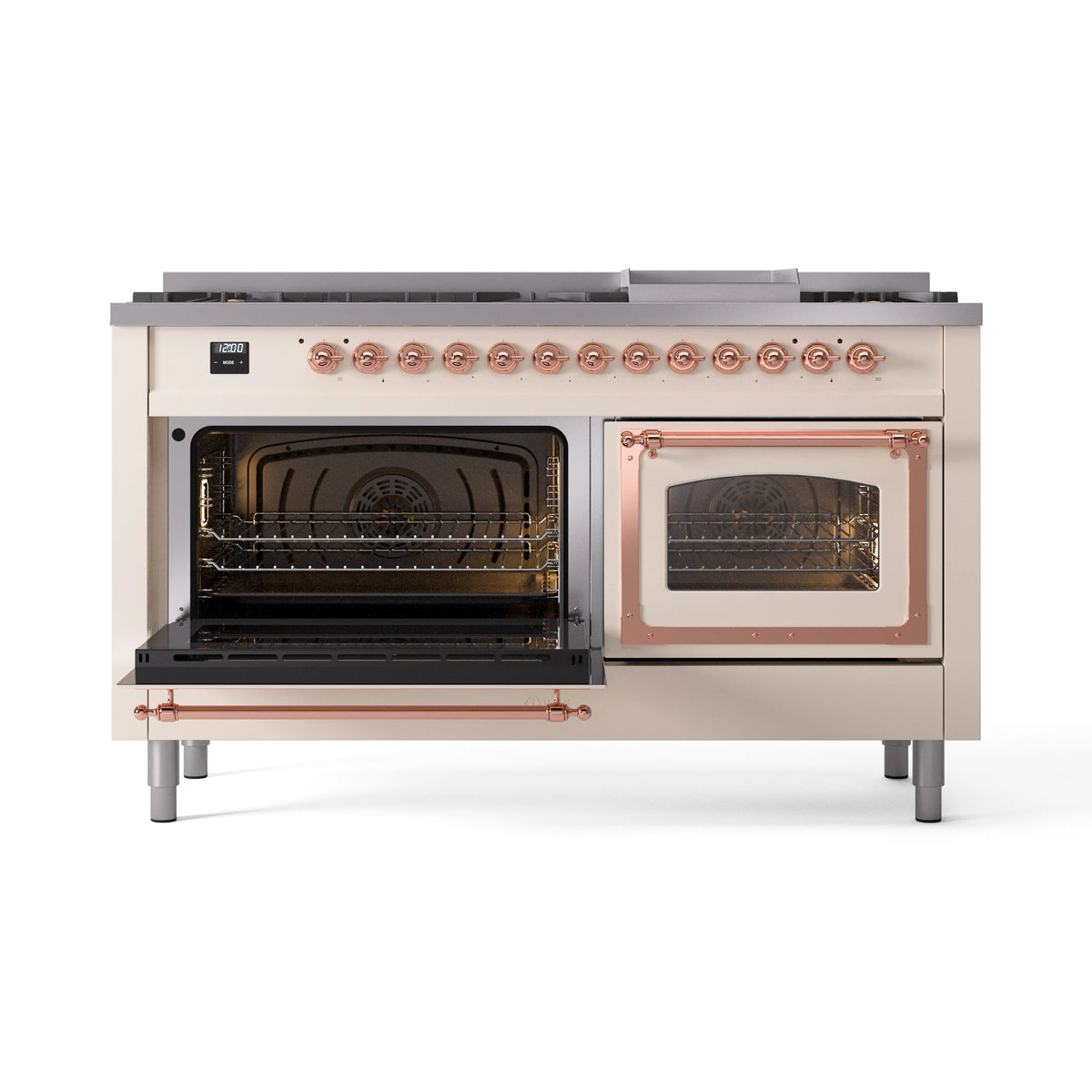 Antique white dual-fuel range with copper trim, left oven door open