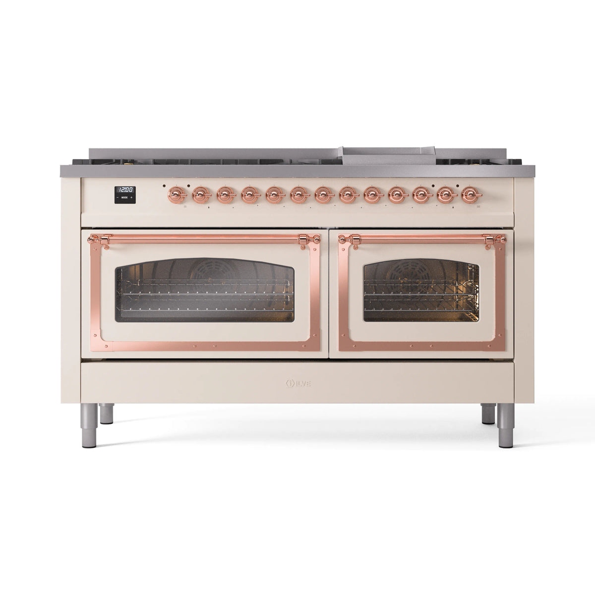 Antique white dual-fuel range with copper-trim knobs and two oven windows