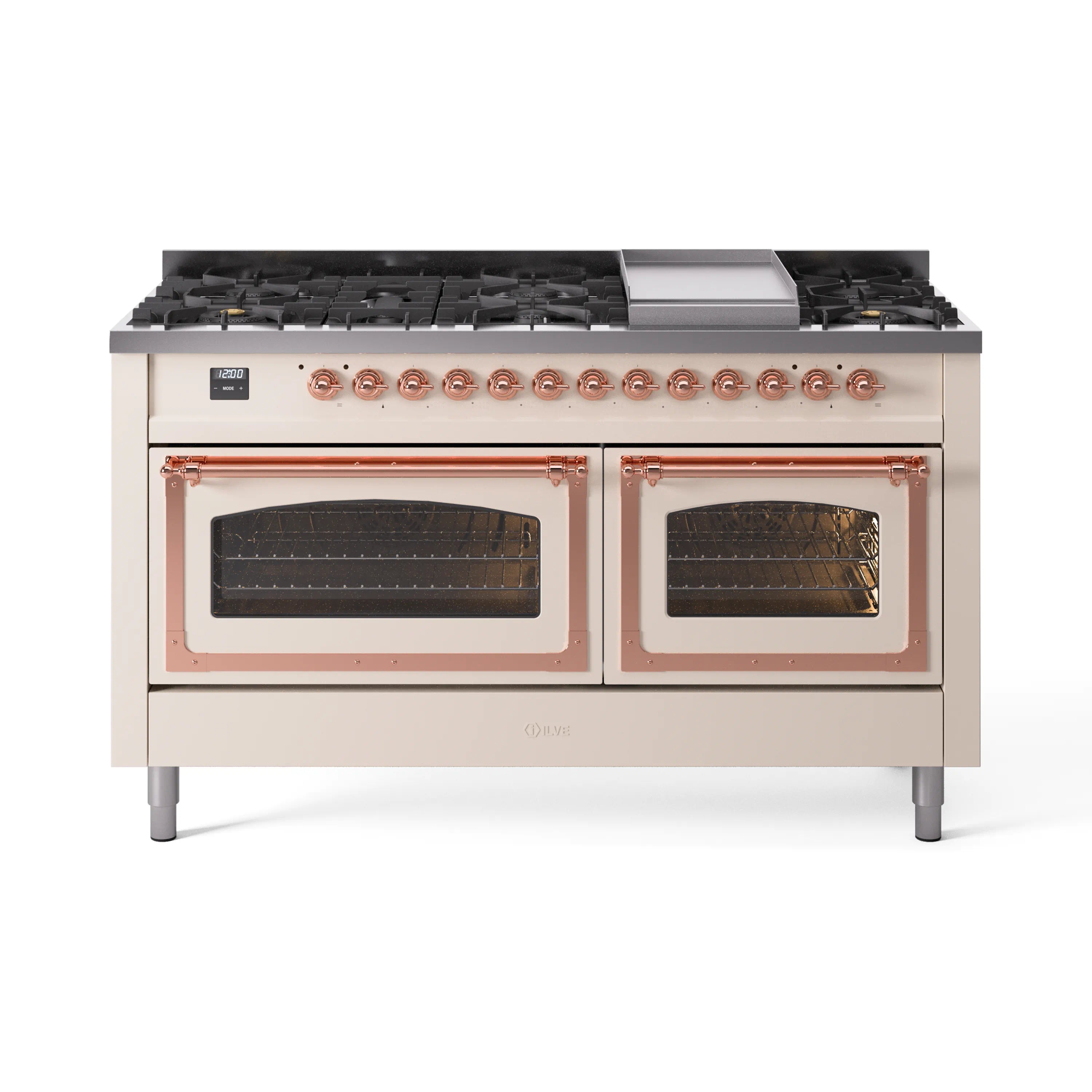 Antique white dual fuel range with copper control knobs and black burner grates