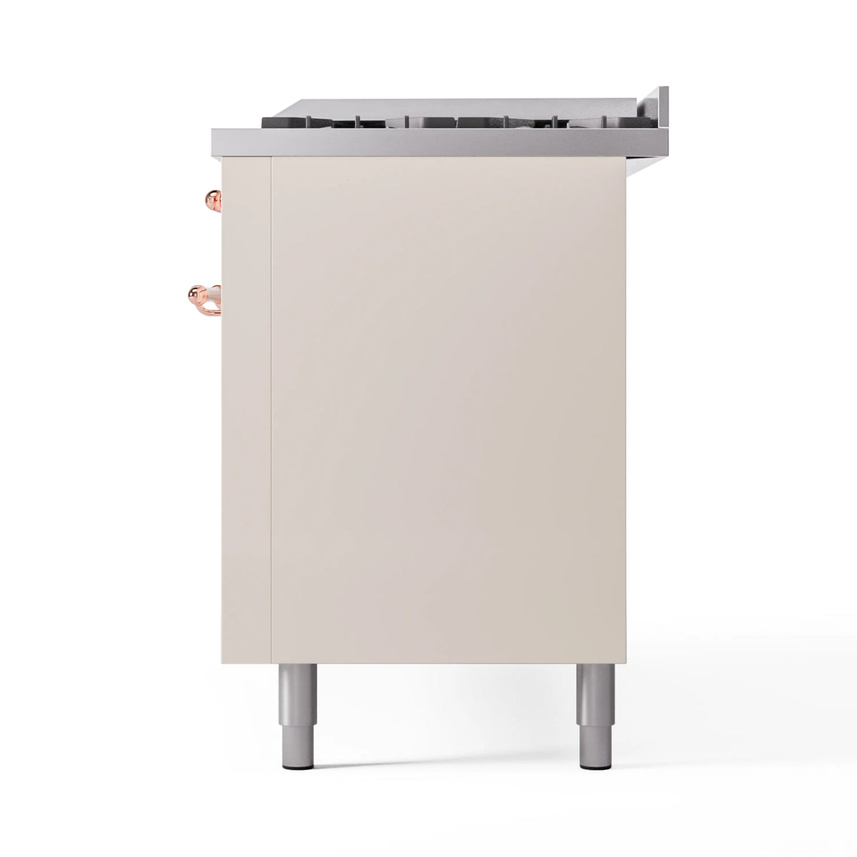 Antique white rear panel of dual fuel range with open-top burner area