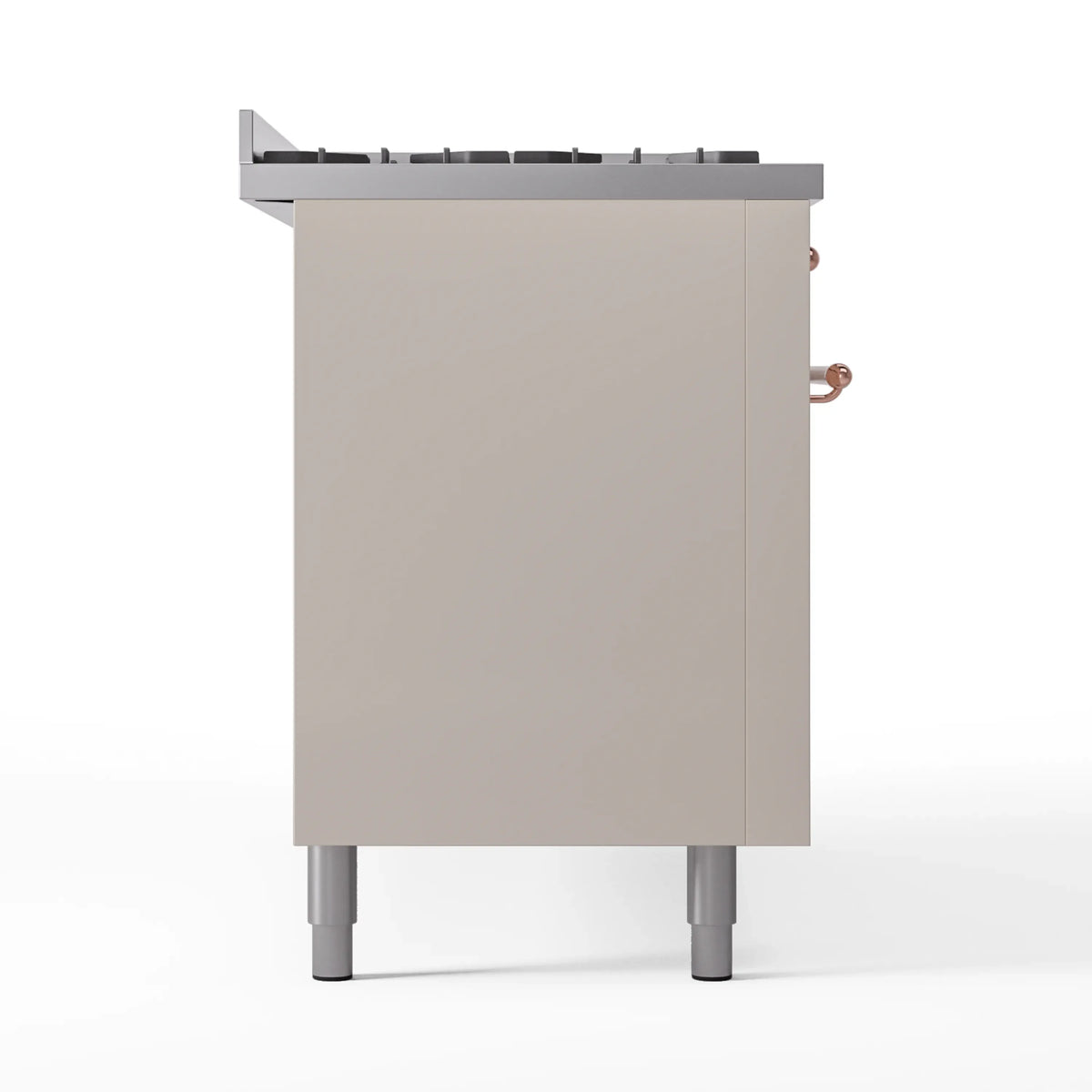 Antique white range side view with copper handle and black burner grates