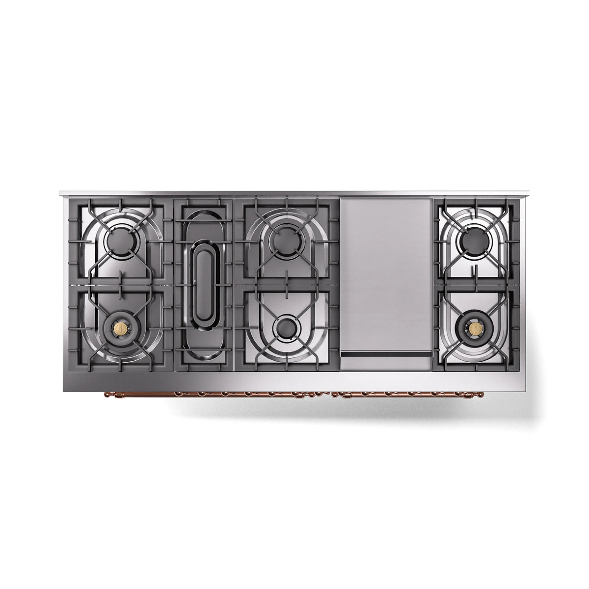 Dual fuel range with exposed cooktop burners and grates, copper underside details