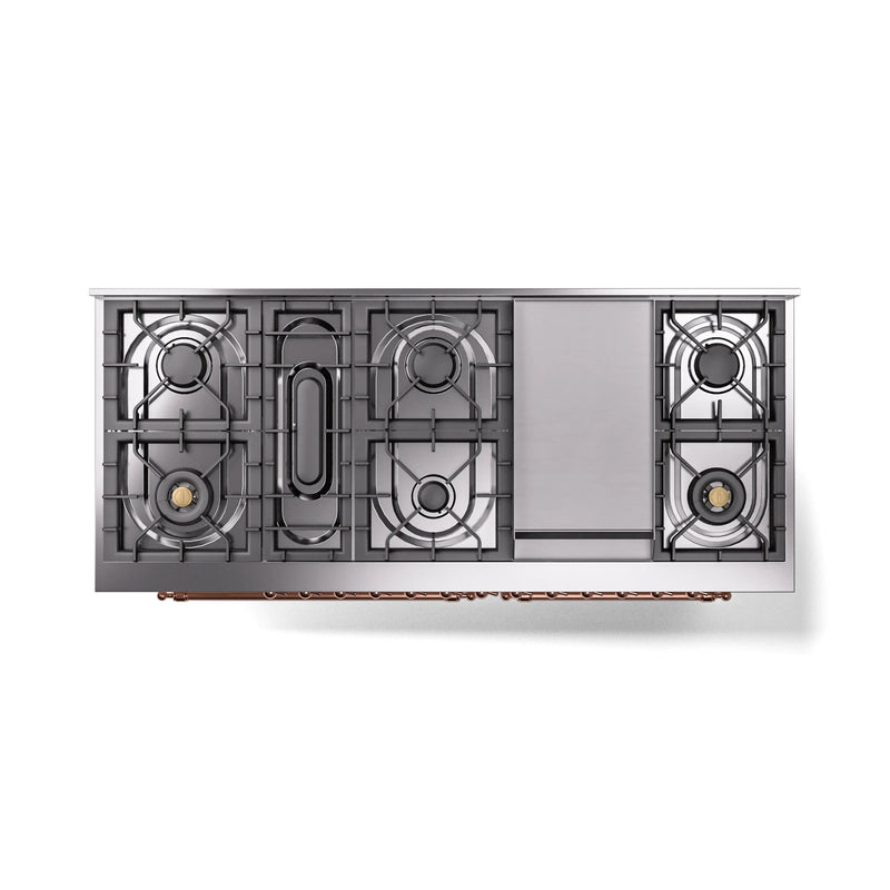 ILVE 60-Inch Nostalgie II Noblesse Dual Fuel Range with 9 Sealed Burners, Griddle, Triple Glass Door Oven in Antique White with Copper Trim (UN60FNMPAWP)
