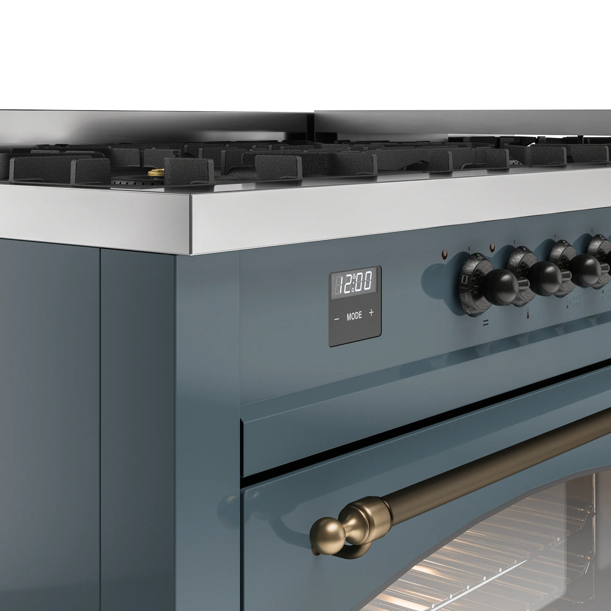 Blue grey range control panel with digital display and bronze knob handle, close-up.