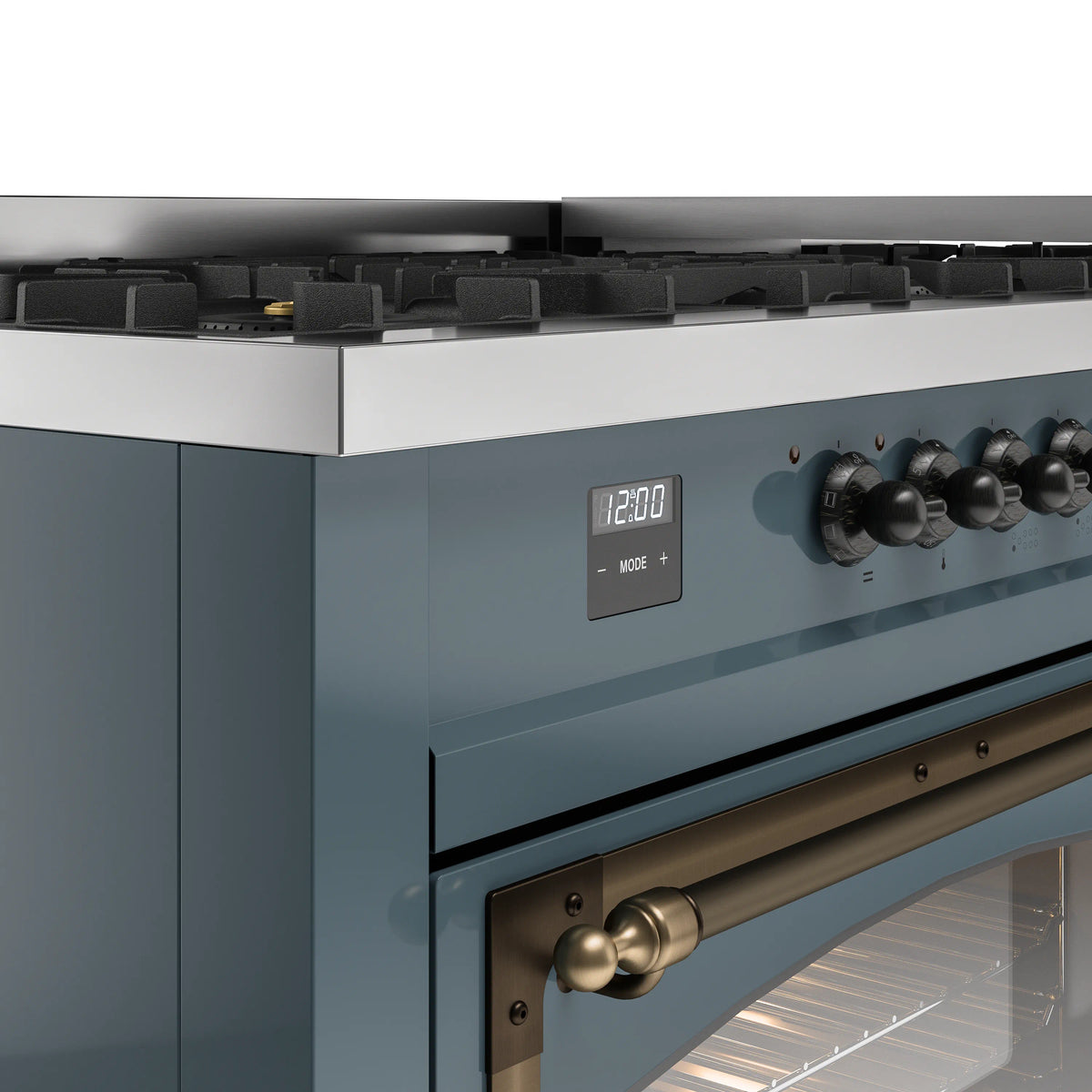 Blue grey control panel with digital display and bronze oven handle with knobs