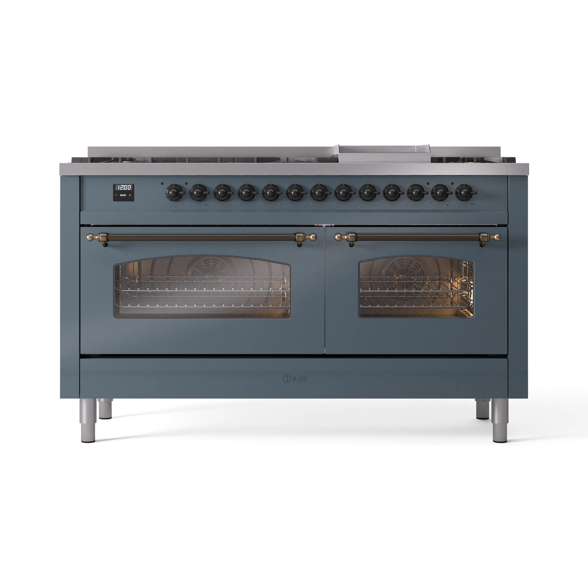 Blue grey dual fuel gas range with triple-door oven windows and bronze trim, front view.