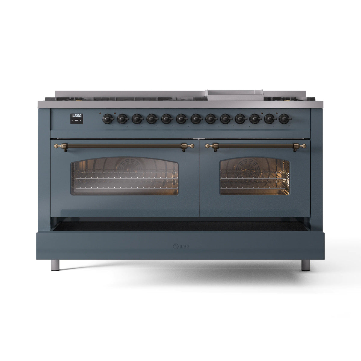 Blue grey dual fuel gas range with oven doors open windows and bronze trim, front view.