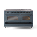 ILVE 60-Inch Nostalgie II Natural Gas Dual Fuel Range with 9 Burners, Griddle and Triple Glass Door Oven in Blue Grey with Bronze Trim (UP60FNMPBGB)