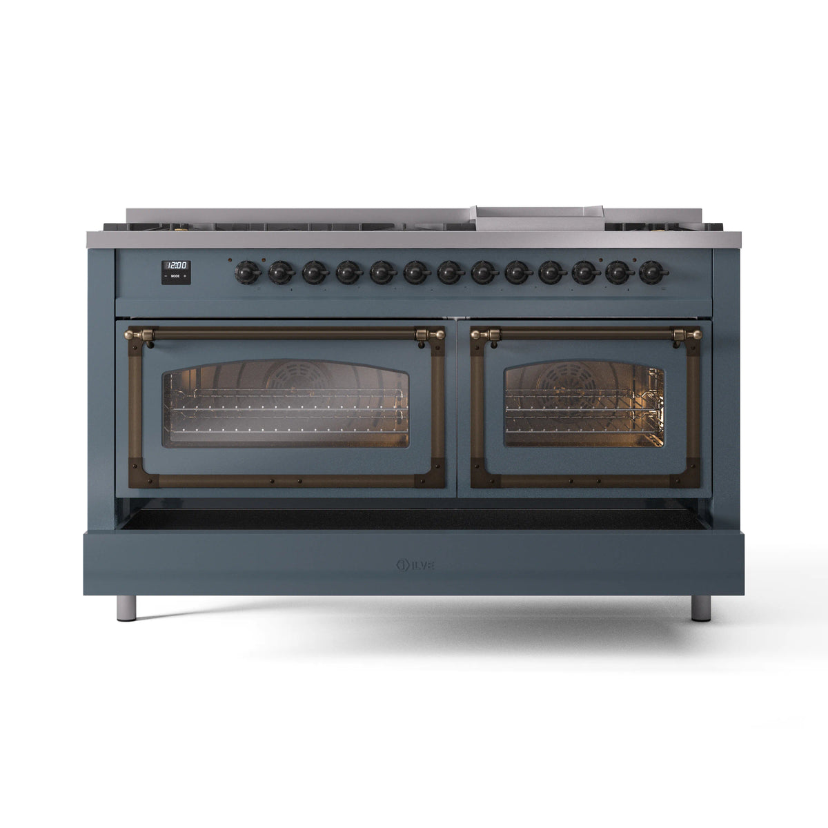 Blue grey dual-fuel range with bronze-trimmed oven doors and multiple sealed burners