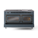 ILVE 60-Inch Nostalgie II Noblesse Propane Gas Dual Fuel Range with 9 Sealed Burners, Griddle, Triple Glass Door Oven in Blue Grey with Bronze Trim (UN60FNMPBGBLP)