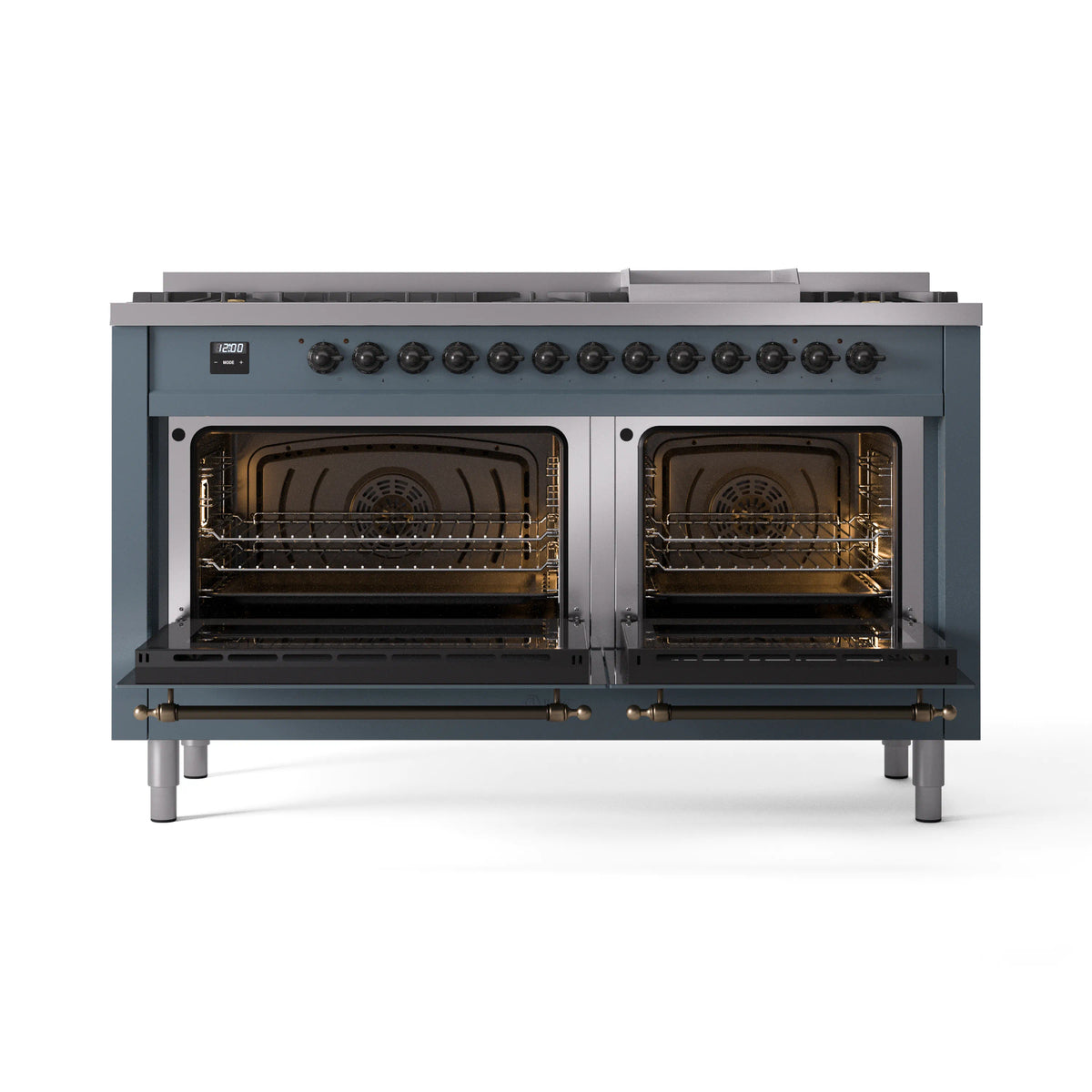 Blue-grey ILVE dual fuel range with two oven doors open, showing lit oven interiors.
