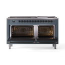 ILVE 60-Inch Nostalgie II Natural Gas Dual Fuel Range with 9 Burners, Griddle and Triple Glass Door Oven in Blue Grey with Bronze Trim (UP60FNMPBGB)
