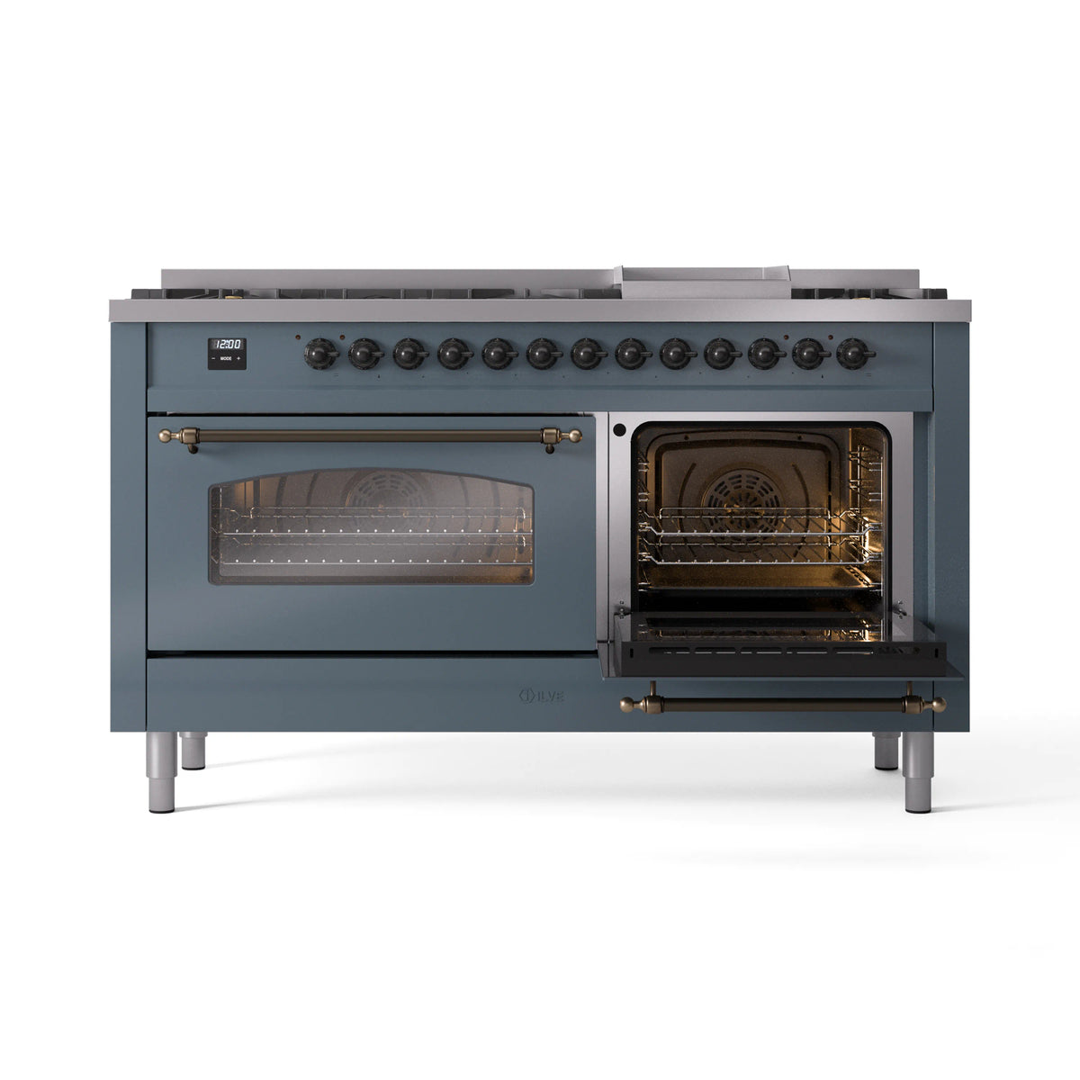 Blue grey dual fuel gas range with one oven door open, other closed, front view.