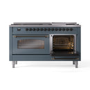 ILVE 60-Inch Nostalgie II Natural Gas Dual Fuel Range with 9 Burners, Griddle and Triple Glass Door Oven in Blue Grey with Bronze Trim (UP60FNMPBGB)