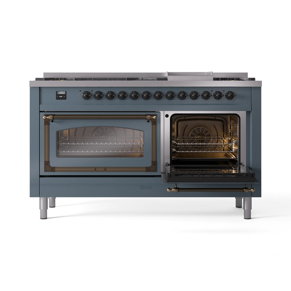 Blue-grey dual fuel gas range with both oven doors open, visible racks and lights