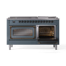 ILVE 60-Inch Nostalgie II Noblesse Propane Gas Dual Fuel Range with 9 Sealed Burners, Griddle, Triple Glass Door Oven in Blue Grey with Bronze Trim (UN60FNMPBGBLP)
