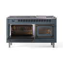 ILVE 60-Inch Nostalgie II Noblesse Propane Gas Dual Fuel Range with 9 Sealed Burners, Griddle, Triple Glass Door Oven in Blue Grey with Bronze Trim (UN60FNMPBGBLP)