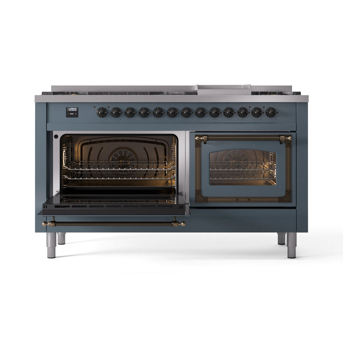 Blue-grey dual fuel gas range with left oven open and right oven door closed