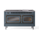 ILVE 60-Inch Nostalgie II Noblesse Propane Gas Dual Fuel Range with 9 Sealed Burners, Griddle, Triple Glass Door Oven in Blue Grey with Bronze Trim (UN60FNMPBGBLP)
