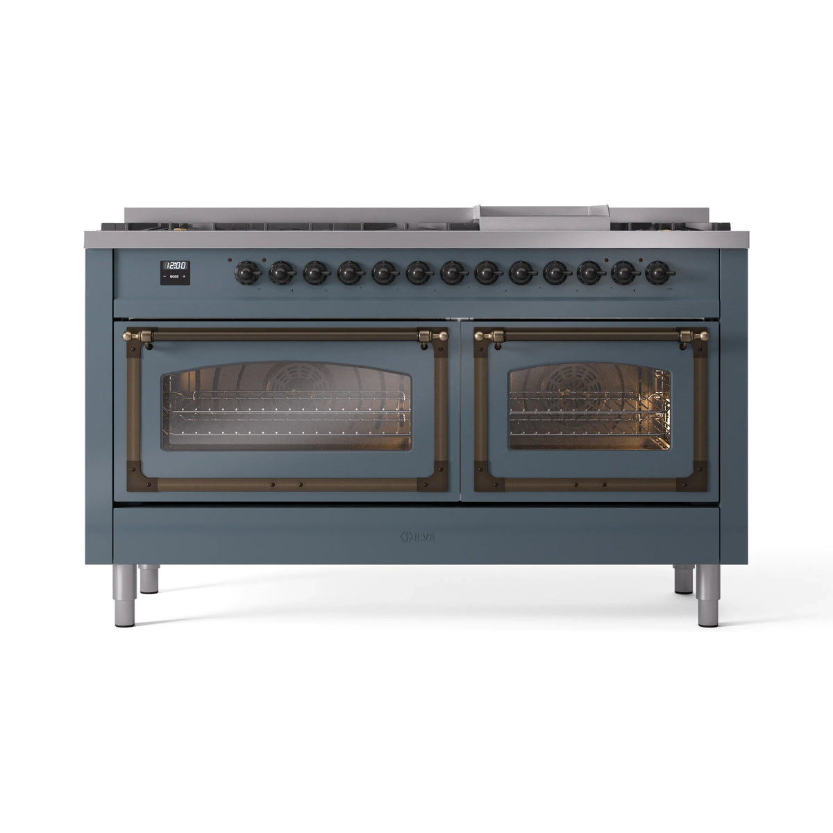 Blue-grey ILVE dual fuel range front with bronze trim, burners, and two oven glass doors.