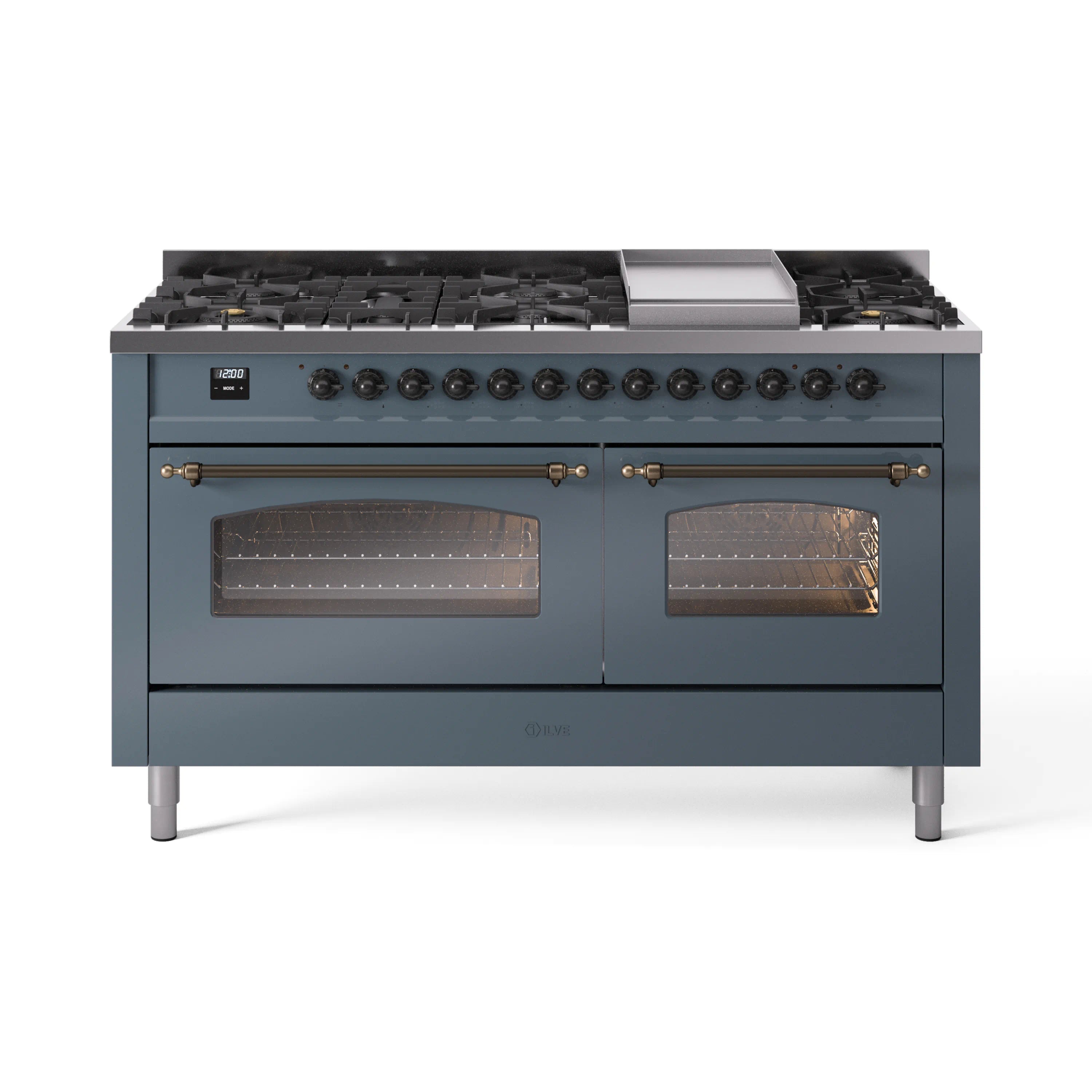 Blue grey dual fuel gas range with burners and both oven doors open, front three-quarter view.