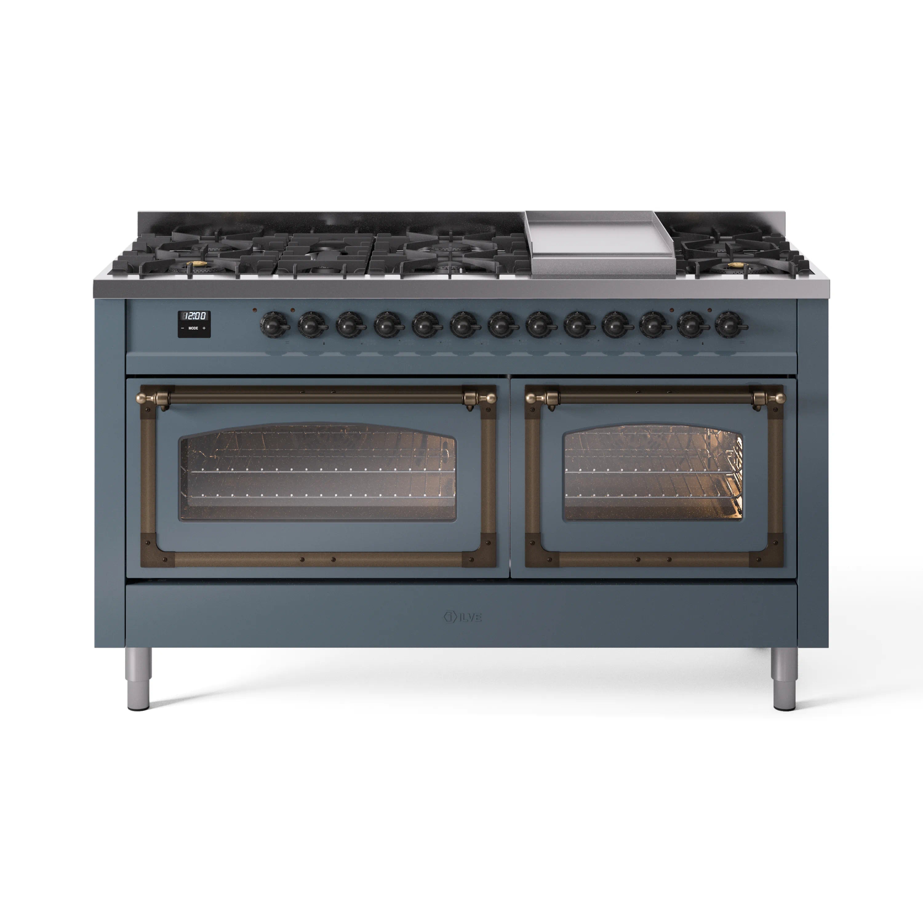 Blue grey dual-fuel range with griddle section and two bronze-trimmed oven doors