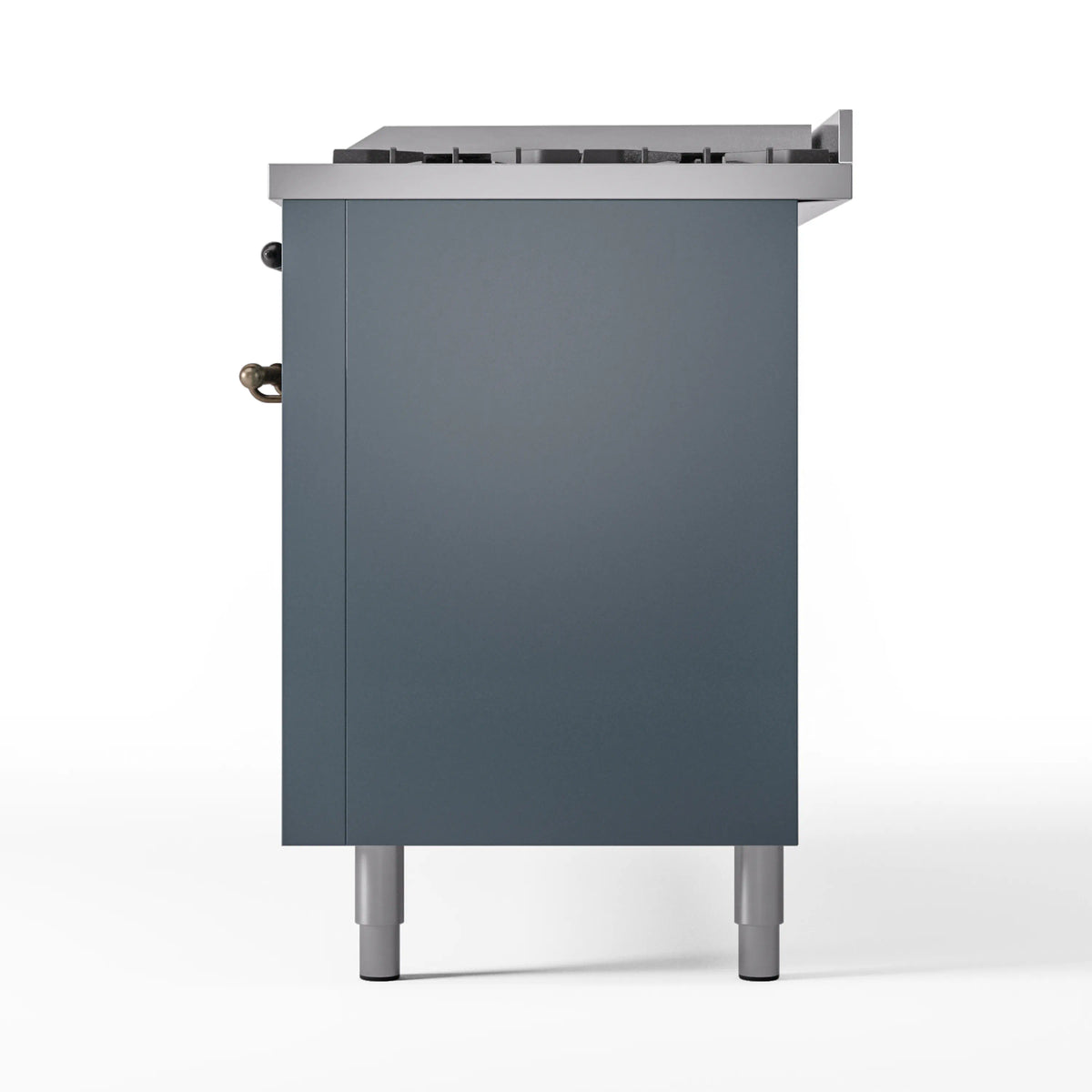 Blue grey dual fuel gas range with bronze-trim sides and control top, standing view.