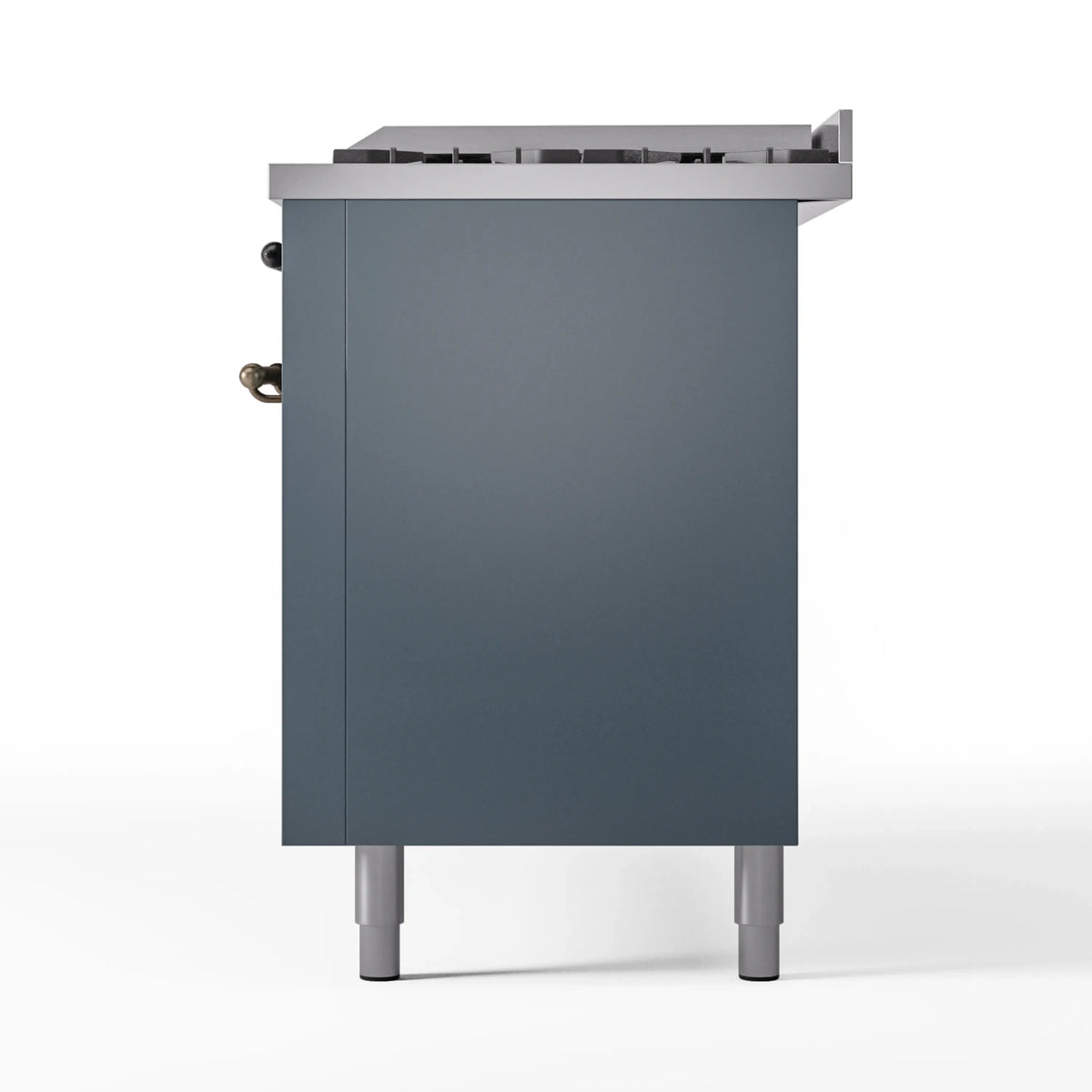 Side panel of blue-grey ILVE dual fuel range with bronze handle and cabinet legs.